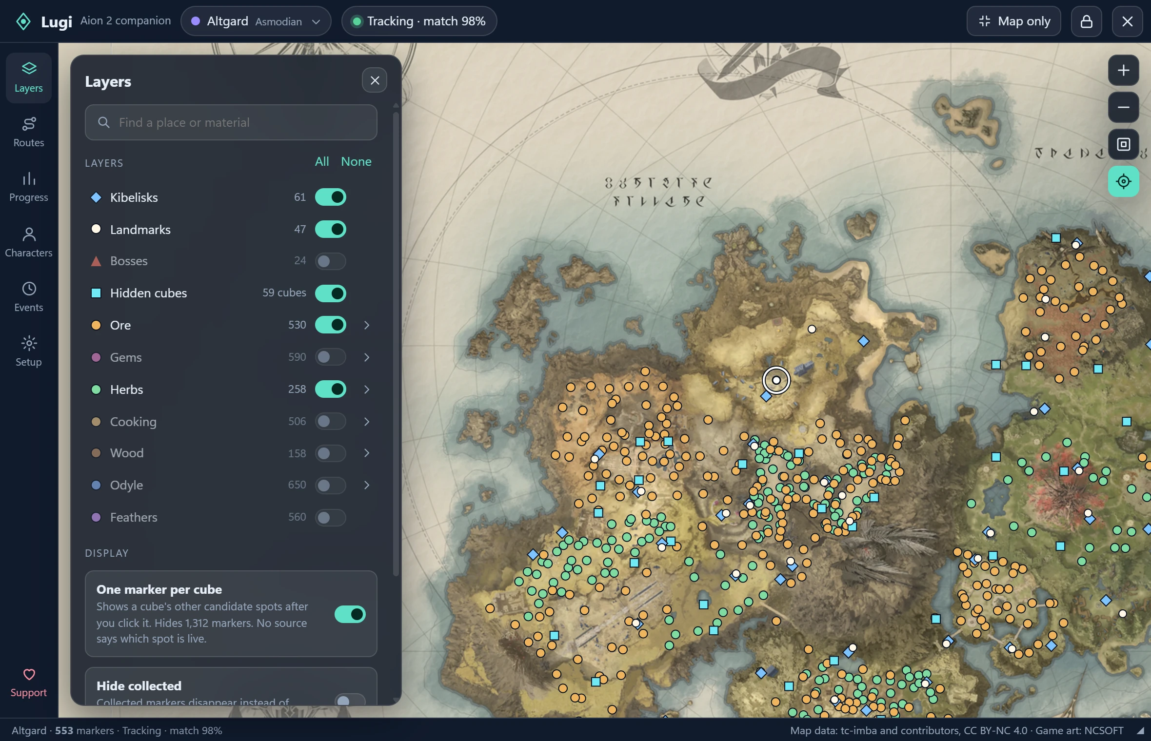 The Lugi window tracking a player on the Altgard map, with ore, herb, hidden cube and Kibelisk markers and the Layers panel open beside it